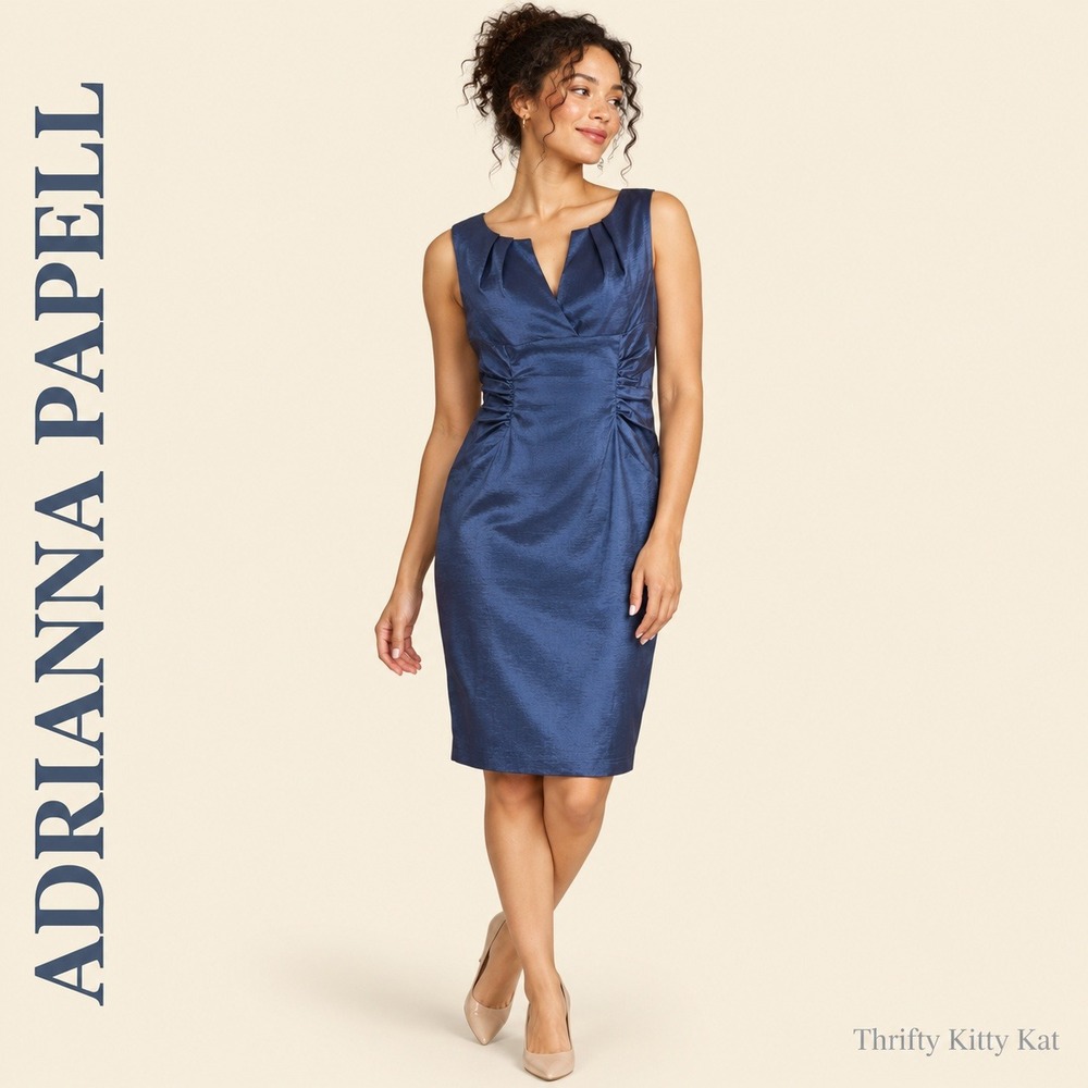 Adrianna Papell Petite Cocktail Sheath Dress Ruched Waist Shimmer Navy Blue 12P